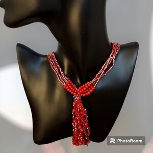 3/$30 NU FREEDOM Coral Red Multi-strand Torsade Glass Beaded Holiday Necklace